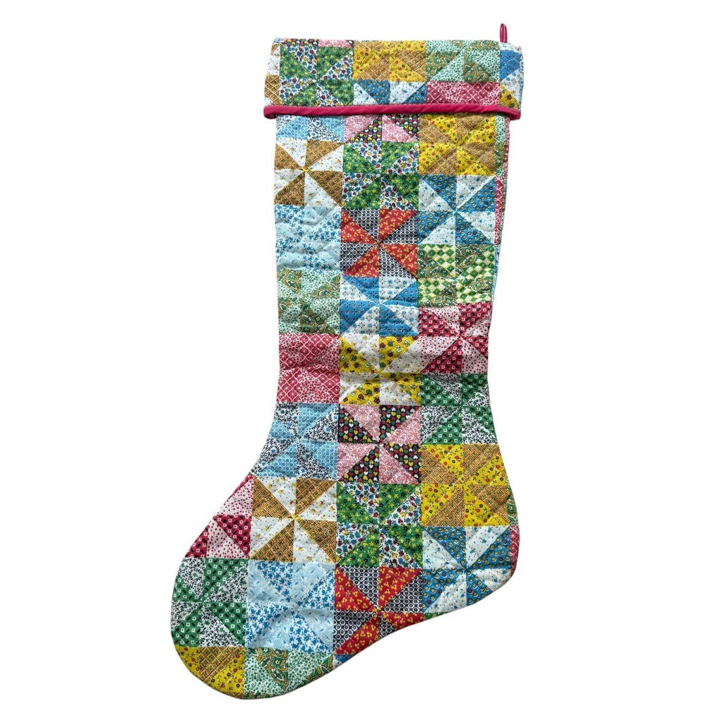 70s Vintage Quilted Patchwork Christmas Stocking 26" Multicolor calico Jumbo